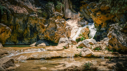 River passing in the Cerrada de Utrero in Sierra Cazorla, Segura y Las Villas Natural Park. Declared a Biosphere Reserve by UNESCO. Located in the province of Jaen, Andalusia, Spain
