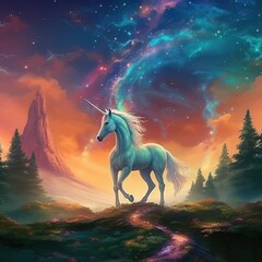 Naklejka na ściany i meble magical white unicorn in a colorful wonderland