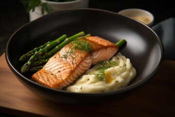 Salmon fillet with mashed potatoes and asparagus and sauce. generative AI