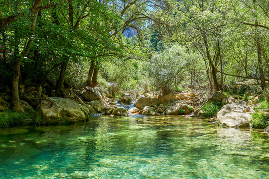 River passing in the Cerrada de Utrero in Sierra Cazorla, Segura y Las Villas Natural Park. Declared a Biosphere Reserve by UNESCO. Located in the province of Jaen, Andalusia, Spain