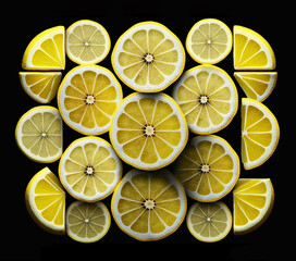 Bright lemon slices 3d geometric pattern. Yellow tropical citrus fruit on black background for Lemonade Day, Lemon Juice Day or Plant a Lemon Tree Day. Generative AI