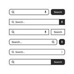 Various search bars with outline border. Internet browser engine with search box, address bar and text field. UI design, website interface element, web icons and push button. Vector illustration