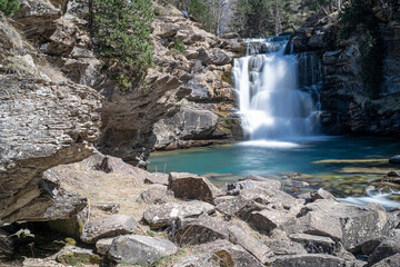 waterfall in the river in Ordesa National Park in the spanish Pyrenees (long exposure)