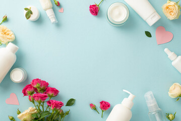 Ultimate skin care concept. Flat lay top view of cosmetics pump bottle spray and serum bottle with rose petals on pastel blue background with empty space for copy