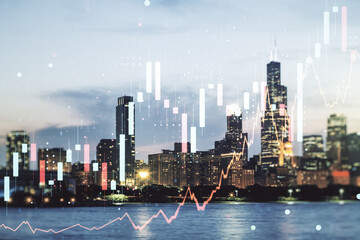 Fototapeta na wymiar Multi exposure of abstract virtual financial graph hologram on Chicago skyline background, forex and investment concept