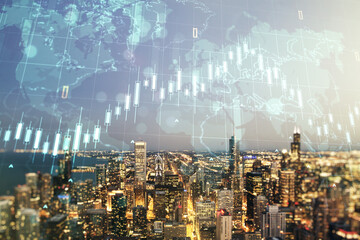 Fototapeta premium Double exposure of abstract creative financial diagram and world map on Chicago office buildings background, banking and accounting concept