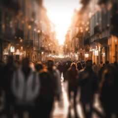 Obraz premium Busy street scene with crowds of people walking in the city, shopping,tourism,business people on a sunny day, blurred bokeh background crowded