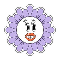 Good vibes with hippie chamomile character. Retro daisy mascot with flower head and eye. Boho vintage cartoon style plant. Trendy y2y pop culture floral design. Isolated vector eps element
