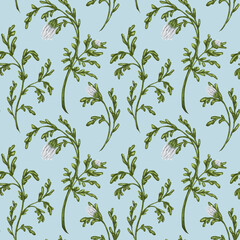 Seamless pattern with wildflowers with white buds. Floral background for textiles, fabrics, banners, wrapping paper and other designs. Digital illustration on a blue background
