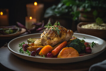 Indulge in a Mouth-Watering Roasted Chicken with Creamy Mashed Potatoes and Vibrant Vegetables