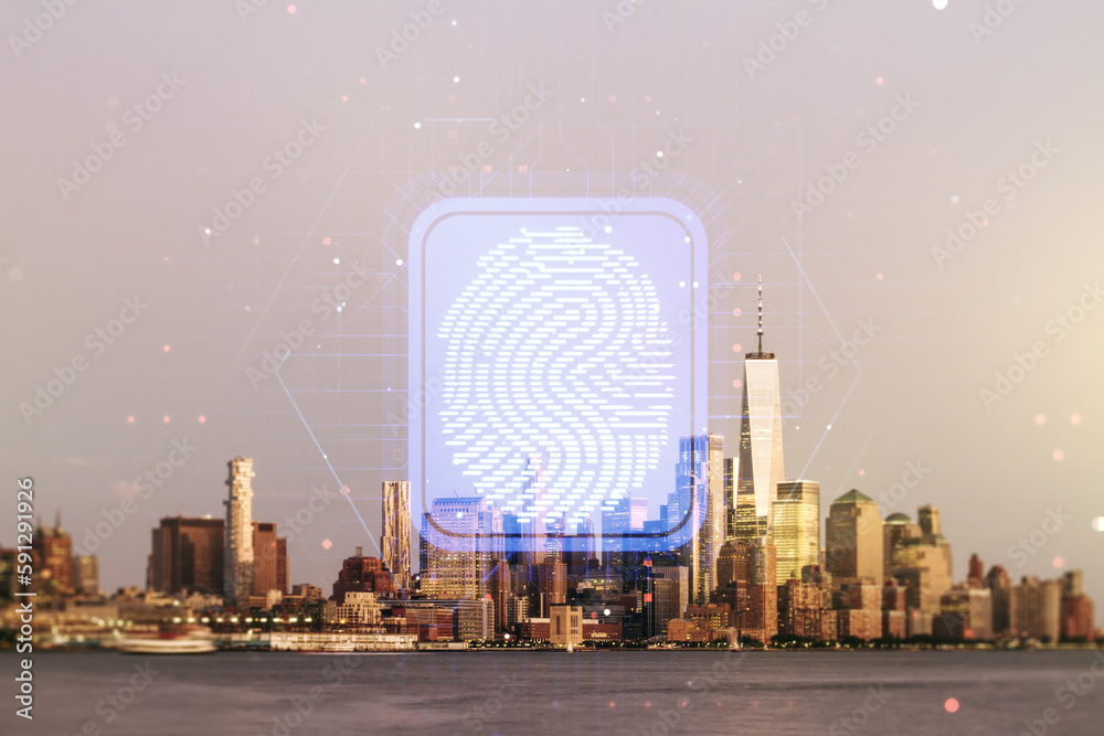 Poster Multi exposure of virtual abstract fingerprint illustration on New York city skyline background, digital access concept