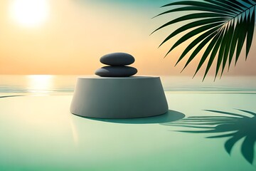 3D background with stone podium display. Nature rock pedestal with tropical palm leaf and shadow on green background. Cosmetic, beauty product promotion stand with plant. Studio 3D render