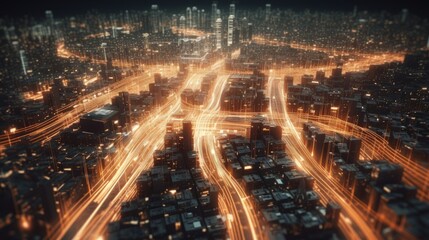 Fototapeta na wymiar Big Data Highway Communication and Technology Infrastructure Visualization, Aerial Night Time City, AI Generative