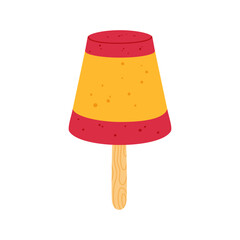 Glazed frozen fruit juice icecream glaze on stick in red and yellow colors. Vector refreshing ice-cream, sweet glossy popsicle fruity sundae dairy snack