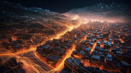 Aerial View of a Minor City with High-Speed Data Flow, AI Generative