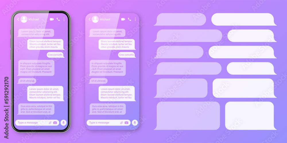 Wall mural realistic smartphone with messaging app on colorful violet background. blank sms text frame. chat sc