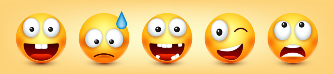 Cartoon emoji, emoticons collection. Yellow face with emotions, mood. Facial expression, realistic emoji. Sad, happy, angry faces. Funny character with smiling face. Vector illustration