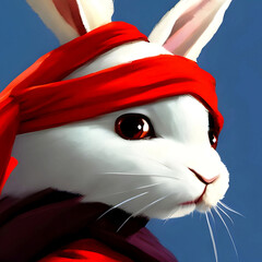 White ninja hare with a red bandage on his head and in a scarf, illustration of a rabbit close-up