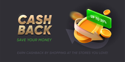 Naklejka premium Cashback banner with coins and arrows indicating savings or rewards. Vector promotional background for financial offers, loyalty or shopping programs, cash back services and apps for saving money