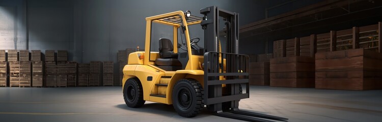 Obraz na płótnie Canvas industrial Forklift with in inventory storage area for Warehouse and logistics concepts as wide banner with copyspace area for text - Generative AI