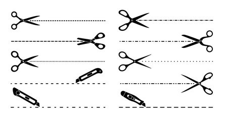 Cut lines, scissors, utility knife cutting lines. Vector monochrome dotted and dashed borders. Perforated horizontal stripes for discount coupon, paper page, ticket or flyer product packaging marks