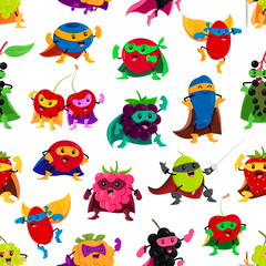 Cartoon berry superhero and defender characters seamless pattern. Vector background with blueberry, rosehip, blackberry and gooseberry. Cranberry, cherry, strawberry and birds cherry super heroes