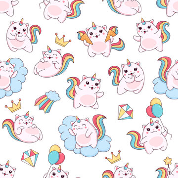 Cartoon cute caticorn seamless pattern with funny cat animal unicorn characters. Vector background of kawaii pink cats or kittens with rainbow tails and horns, clouds, ice cream cones and balloons