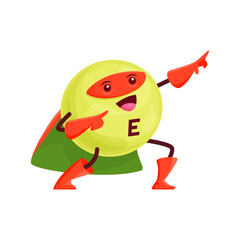 Cartoon vitamin E superhero character. Vector tocopherol micronutrient defender, comics book personage posing in cape and mask. Ball or dragee supplement, fantasy super hero medical bubble