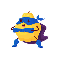 Quince fruit cartoon superhero character. Vector defender super hero personage in cape and mask stand in protective pose. Funny cheerful fairytale healthy food, brave tropical vitamin ready for feat