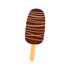 Chocolate ice cream on stick covered by sugar waves, summer dessert. Vector refreshing food, sugary popsicle ice-cream. Yummy sundae with cocoa topping