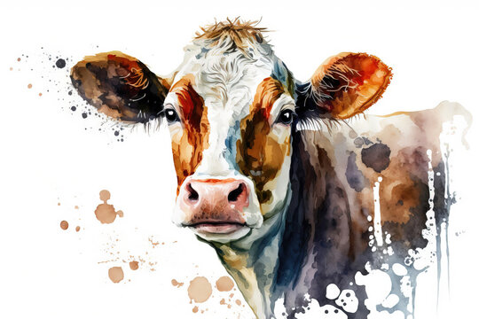 Generative AI. Cow head, watercolor illustration. Farm animal.
