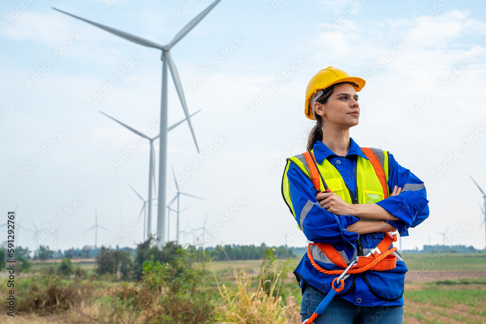 Poster Engineer working and maintenance in wind turbine,Power generation Saving and using renewable energy concept.