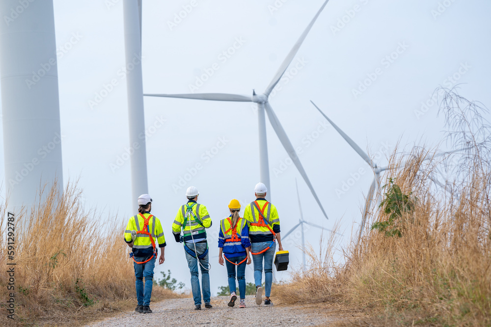 Poster technician engineers inspection work in wind turbine power generator station,wind turbine operations