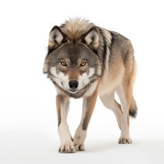 Alpha Predator: Captivating Close-up of a Wolf on White Background Stalking its Prey Danger Concept