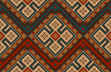 Aztec peruvian mexican knit pattern, ethnic ornament. Vector seamless background with knitted texture, inspired by native indigenous culture of Mexico and peru. Geometric shapes textile decorative art