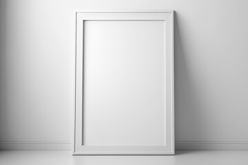an empty white frame hanging on a blank white wall. Generative AI