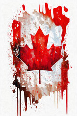 Watercolor Canada flag on a white background with paint splashes. Ai generative