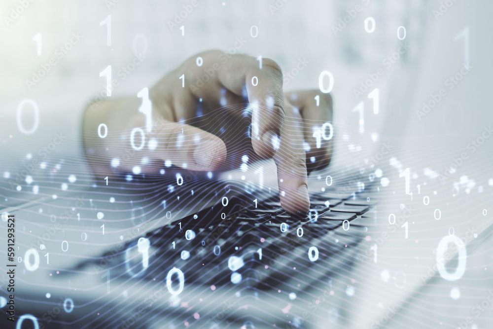 Aufkleber creative concept of binary code illustration and hands typing on laptop on background. big data and 