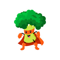 Cartoon broccoli super hero vegetable character. Isolated vector funny vitamin healthy food personage in cape and mask stand in confident pose. Comic book or fairytale game cheerful superhero greenery
