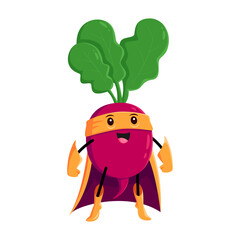Cartoon radish vegetable super hero character. Isolated vector Funny fairytale comics book vitamin in cape and mask, healthy food, superhero personage in cloak with super power ready for adventure