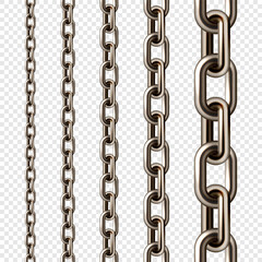 Realistic brown metal chain with old rusty links. Heavy steel chain for industrial use. Vector illustration