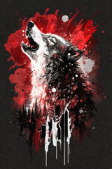 Watercolor illustration of a wolf with splashes on a black background. AI generative