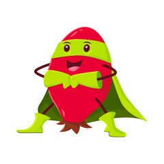 Cartoon rosehip superhero character, funny rose hip defender. Isolated vector berry super hero in cape, boots, gloves and mask stand with joined arms. Fairytale comics book personage with super power