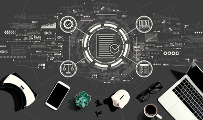 Compliance theme with electronic gadgets and office supplies - flat lay