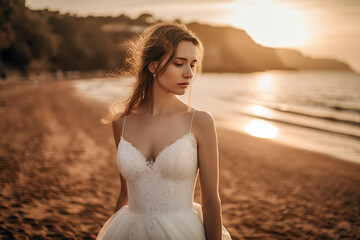 Fototapeta na wymiar Forever in Love: A Stunning Sunset Beach Wedding with a Beautiful Bride, ai generative
