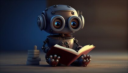 Cute robot with beautiful eyes reading a book cartoon AI generated illustration