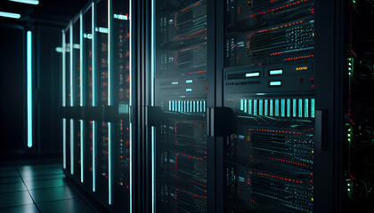 Data center computer racks in network security serve. AI generated