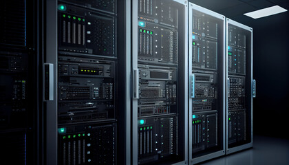 Data center computer racks in network security serve. AI generated