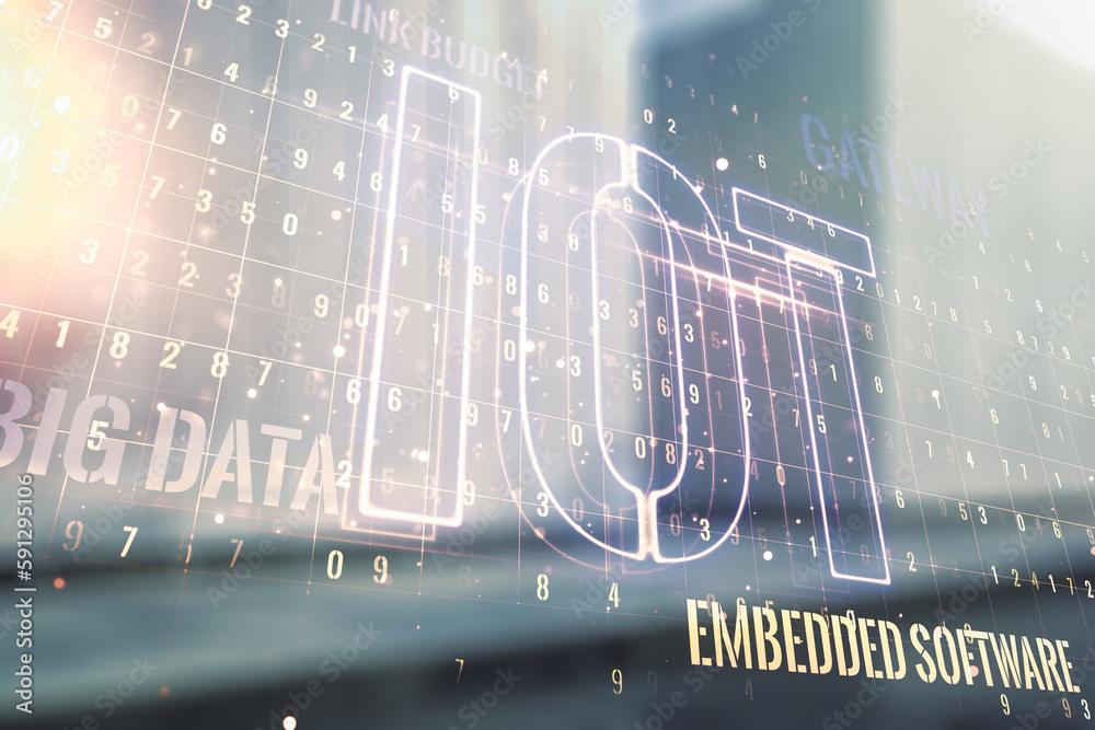 Poster double exposure of abstract virtual iot hologram on modern business center exterior background, rese
