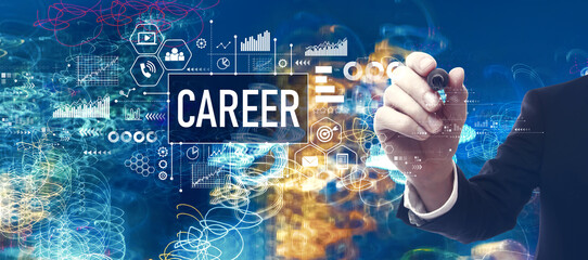 Career theme with businessman in a bokeh neon light trails city night background